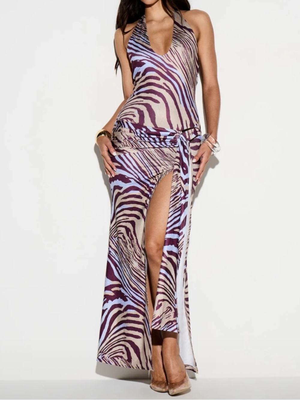Halter Zebra Print Maxi Dress in Lavender and Cream